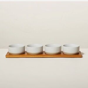 Hearth & Hand Magnolia Wood Paddle Serving Board with 4 Speckled Stoneware Bowls
